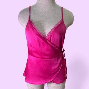 Abercrombie & Fitch Hot pink satin wrap top with lace trim